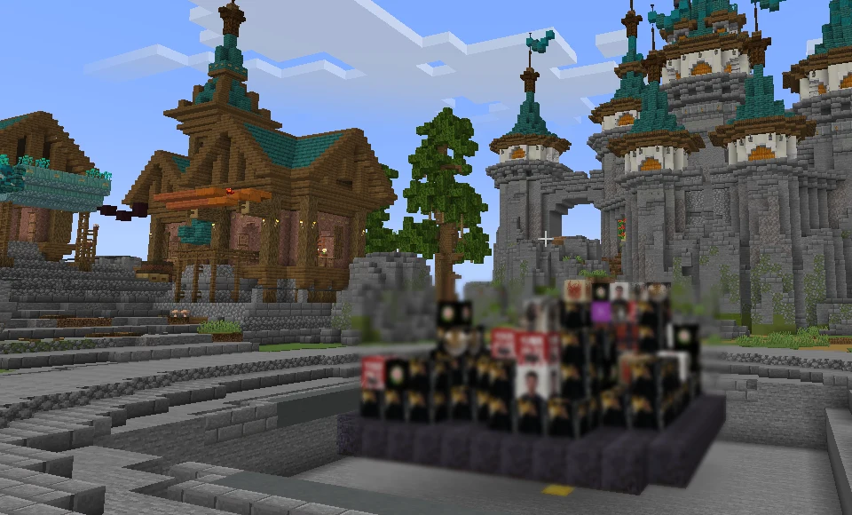 Minecraft oyun içi: arenaya dizilmiş profil resimli bloklar.