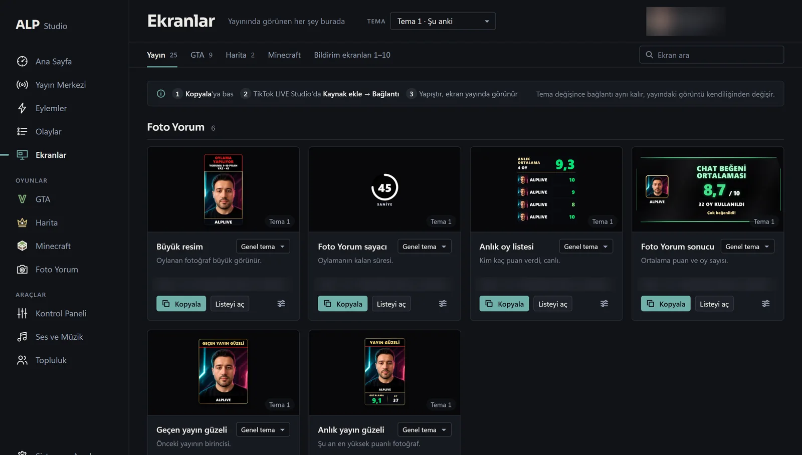 ALP Studio Ekranlar sayfası: Yayın, GTA, Harita, Minecraft sekmeleri, tema seçici ve ekran kartları; her kartta önizleme, ad, kısa açıklama ve Kopyala düğmesi.