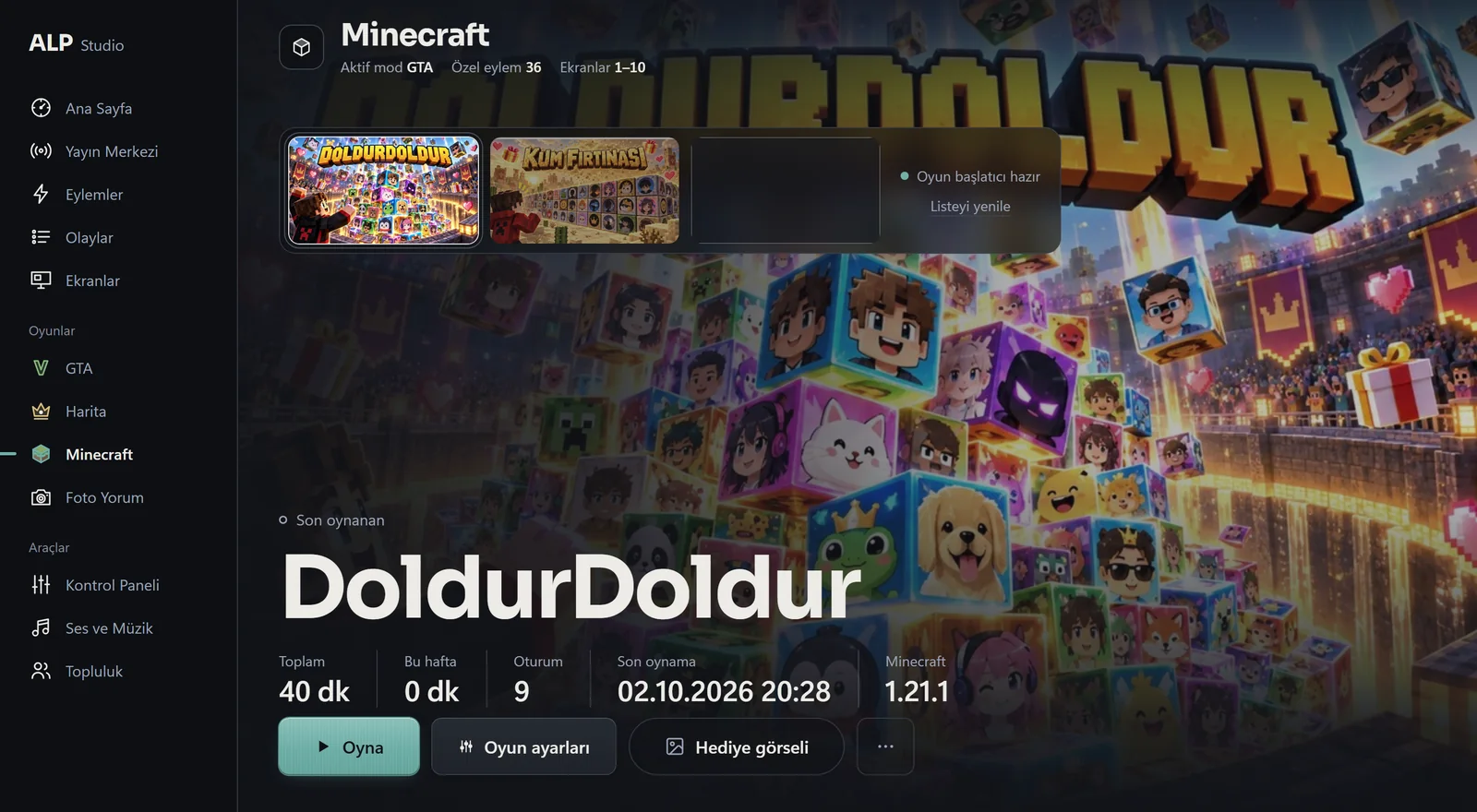 ALP Studio Minecraft sayfası: Doldur Doldur ve Kum Fırtınası oyun seçimi, oynama süreleri ve Oyna düğmesi.